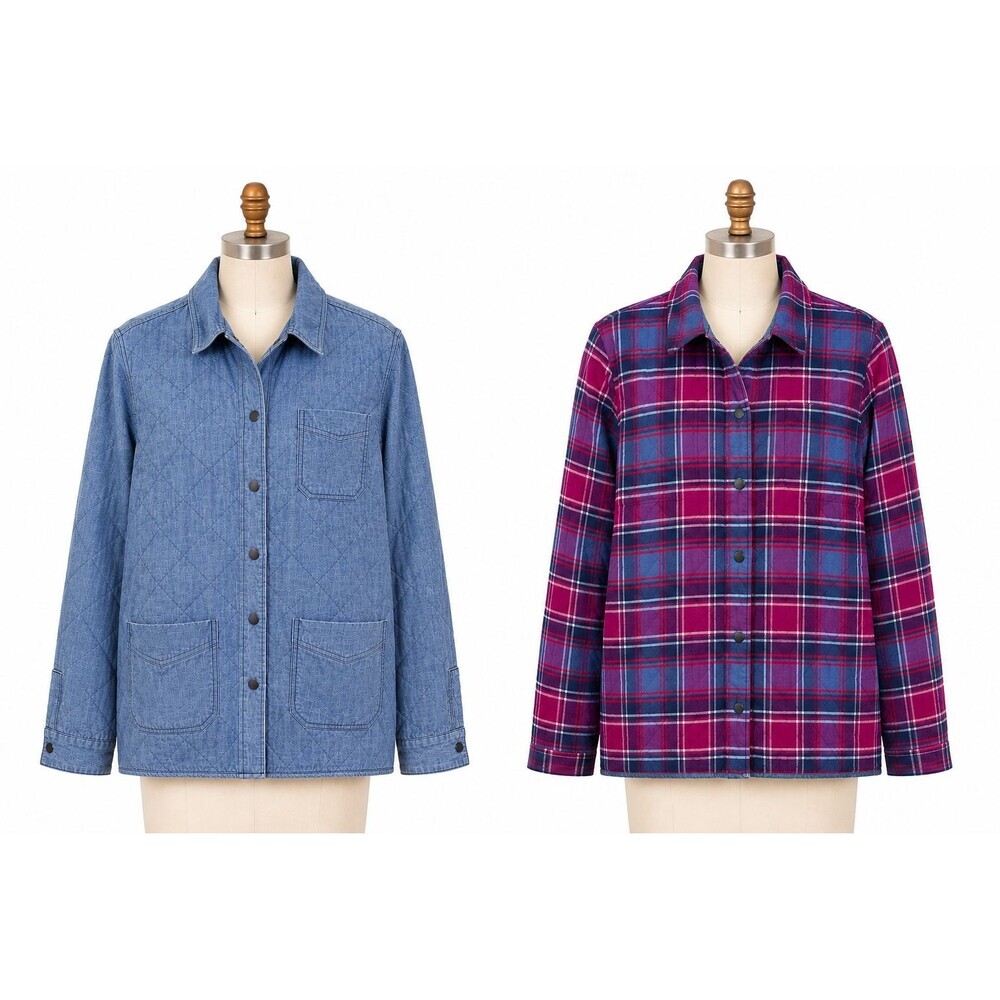 Lands' End Reversible Women's Jacket Size Large Snap Front Plaid Chambray Blue